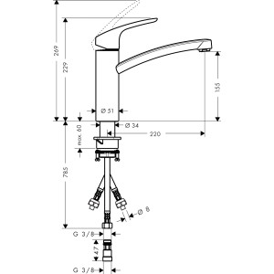 Skizze der Hansgrohe Focus Küchenarmatur für Niederdruck, Chrom, mit Maßangaben.