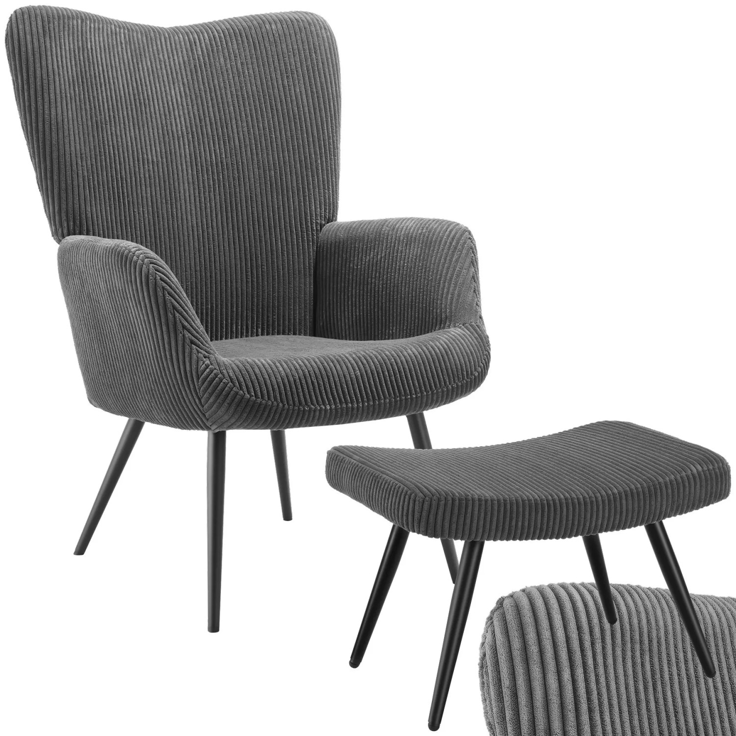 Tectake Sessel Hygge Gepolstert Armlehnen Und Ergonomische Rückenlehne 76 X 72 X 100 50 Cm Breitcord Anthrazit Schwarz