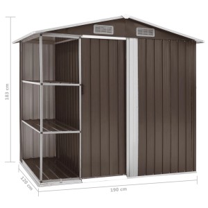 Braunes vidaXL Gartenhaus mit Regal, 205x130x183 cm, aus Eisen. Ideal zur Geräteaufbewahrung.