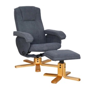 Dunkelgrauer Svita Charles Relaxsessel mit Hocker. Verstellbarer Fernsehsessel aus Polyester mit Holzfuß, drehbar.