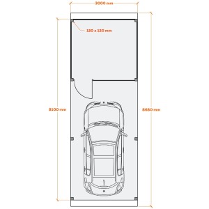 Grundriss Carport Ralf mit Geräteraum, 300x868cm, Reinweiß/Dornengrün, mit Auto. Abmessungen und Pfosten sichtbar.