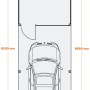 Grundriss Carport Ralf mit Geräteraum, 300x868cm, Reinweiß/Dornengrün, mit Auto. Abmessungen und Pfosten sichtbar.
