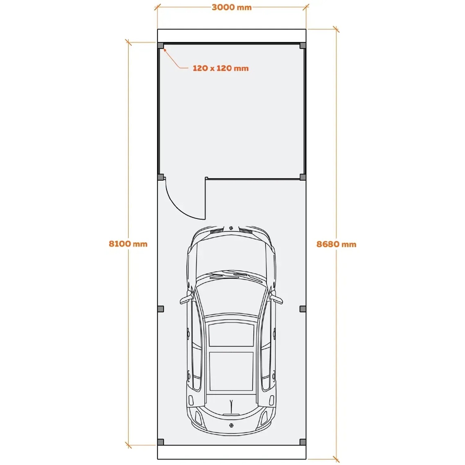 Grundriss Carport Ralf mit Geräteraum, 300x868cm, Reinweiß/Dornengrün, mit Auto. Abmessungen und Pfosten sichtbar.