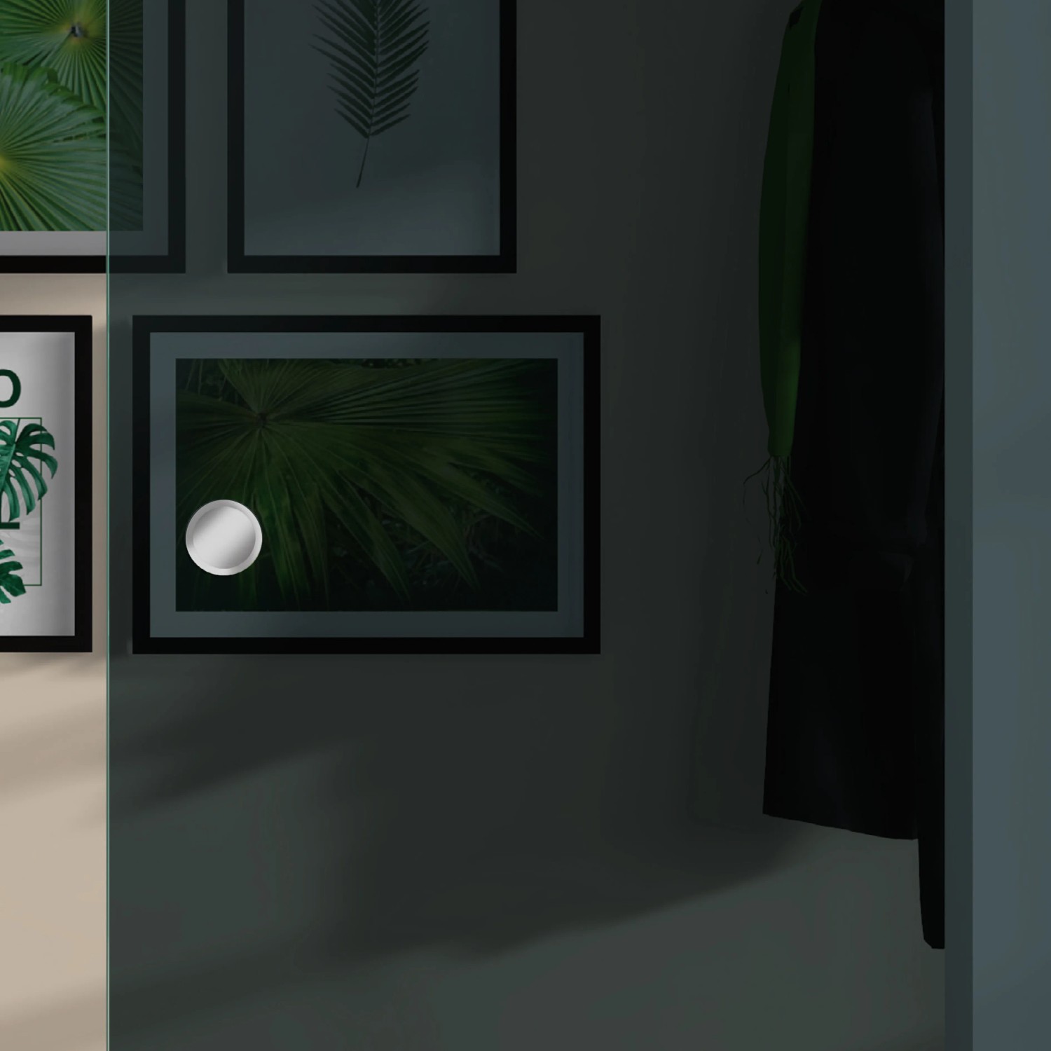 Anthrazit Glasschiebetür ESG, 2060x940 mm, vor Wand mit Pflanzenbildern.
