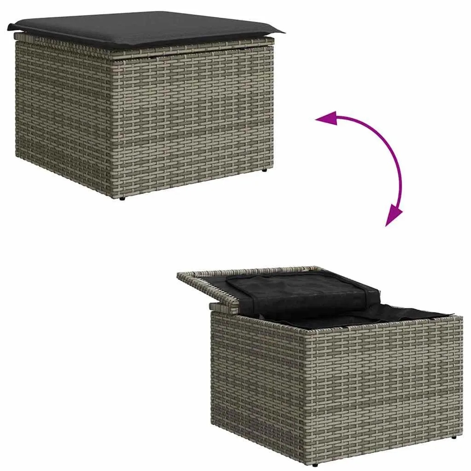 Graues vidaXL Garten-Sofa-Set mit Stauraum, Poly Rattan, 8-teilig, geschlossen und geöffnet dargestellt.