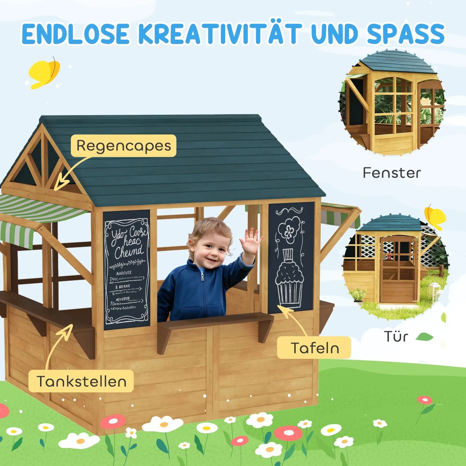 AIYAPLAY faltbares Spielhaus aus Holz mit Fenstern und Kreidetafeln für Kinder von 3-8 Jahren.