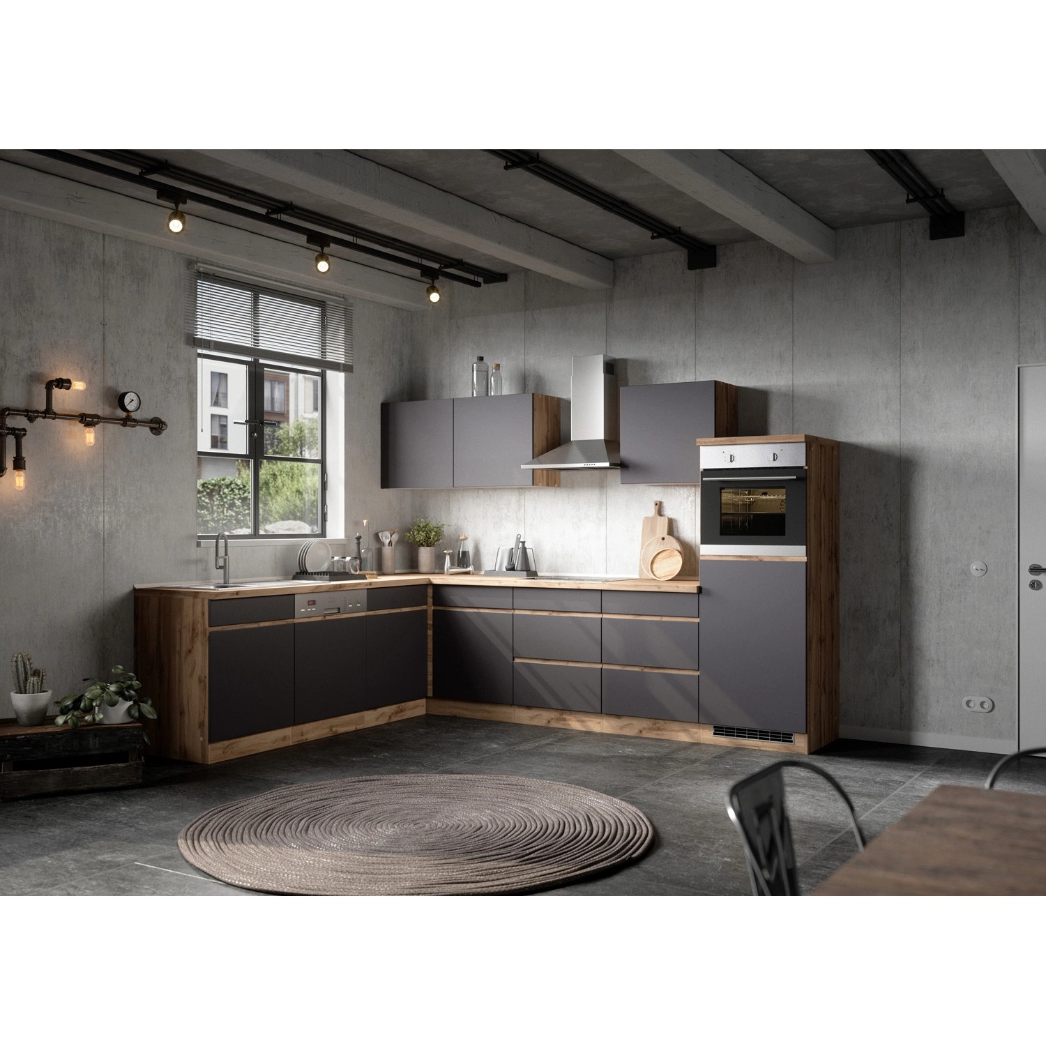Held Möbel Winkelküche Turin 300 x 240 cm Graphit-Wotaneiche mit E-Geräten