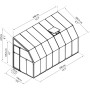 Skizze des weißen Palram Canopia Sun Room Gewächshauses mit Maßangaben.