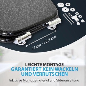 Sanilo WC-Sitz Glitzer Schwarz mit Absenkautomatik, Holzkern und Montagematerial.