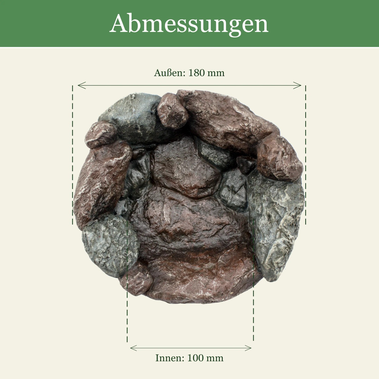 Intergarden Vogelbad Klein: Maße (Außen 180mm, Innen 100mm) der steinernen Vogeltränke.