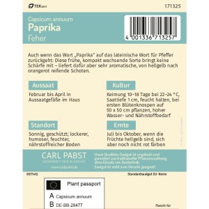 Pabst Keimkraft Paprika 'Feher' Saatgutpackung, Gemüsesamen für ca. 30 Pflanzen.