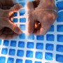 Anwendung von transparentem T-Rex Waterproof Tape auf Poolfolie. Wasserdichtes Klebeband für Reparaturen.