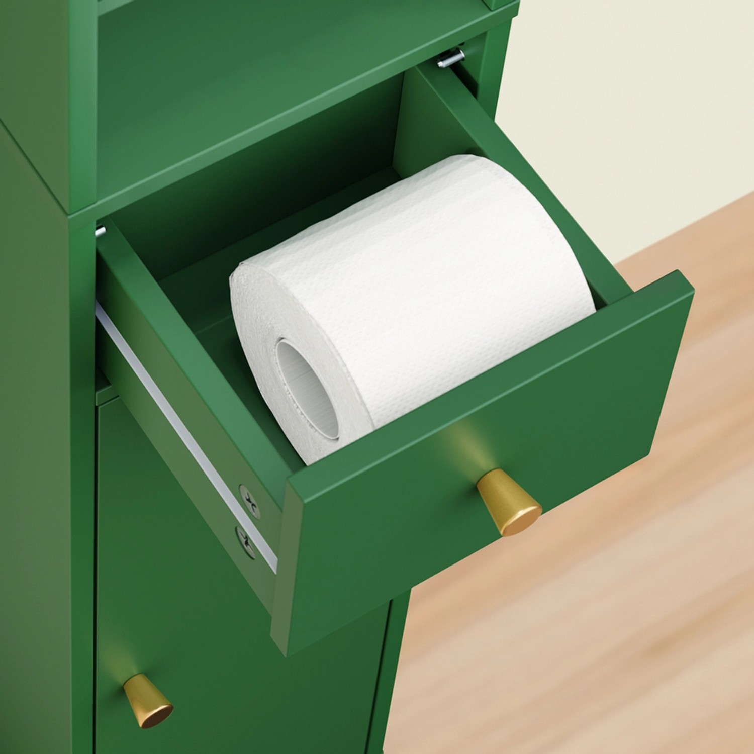Grüner SoBuy Badezimmerschrank Hochschrank mit offener Schublade und Toilettenpapierrolle.