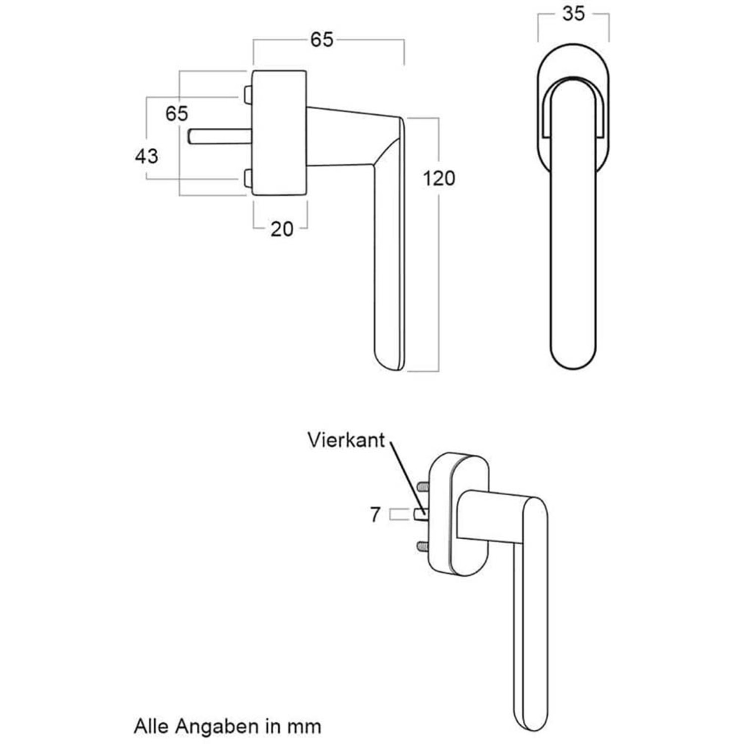 Technische Zeichnung: Schellenberg Sicherheits-Alarmgriff, weiß, 37 mm, Maße in mm.