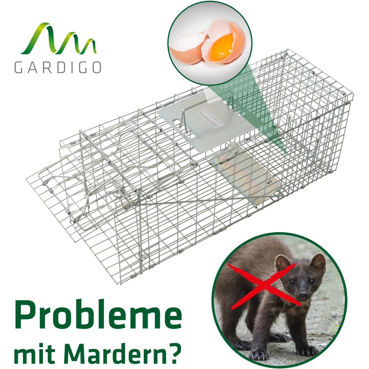 Gardigo Marderfalle als Lebendfalle: Käfig zur Marderabwehr mit Köder-Hinweis.