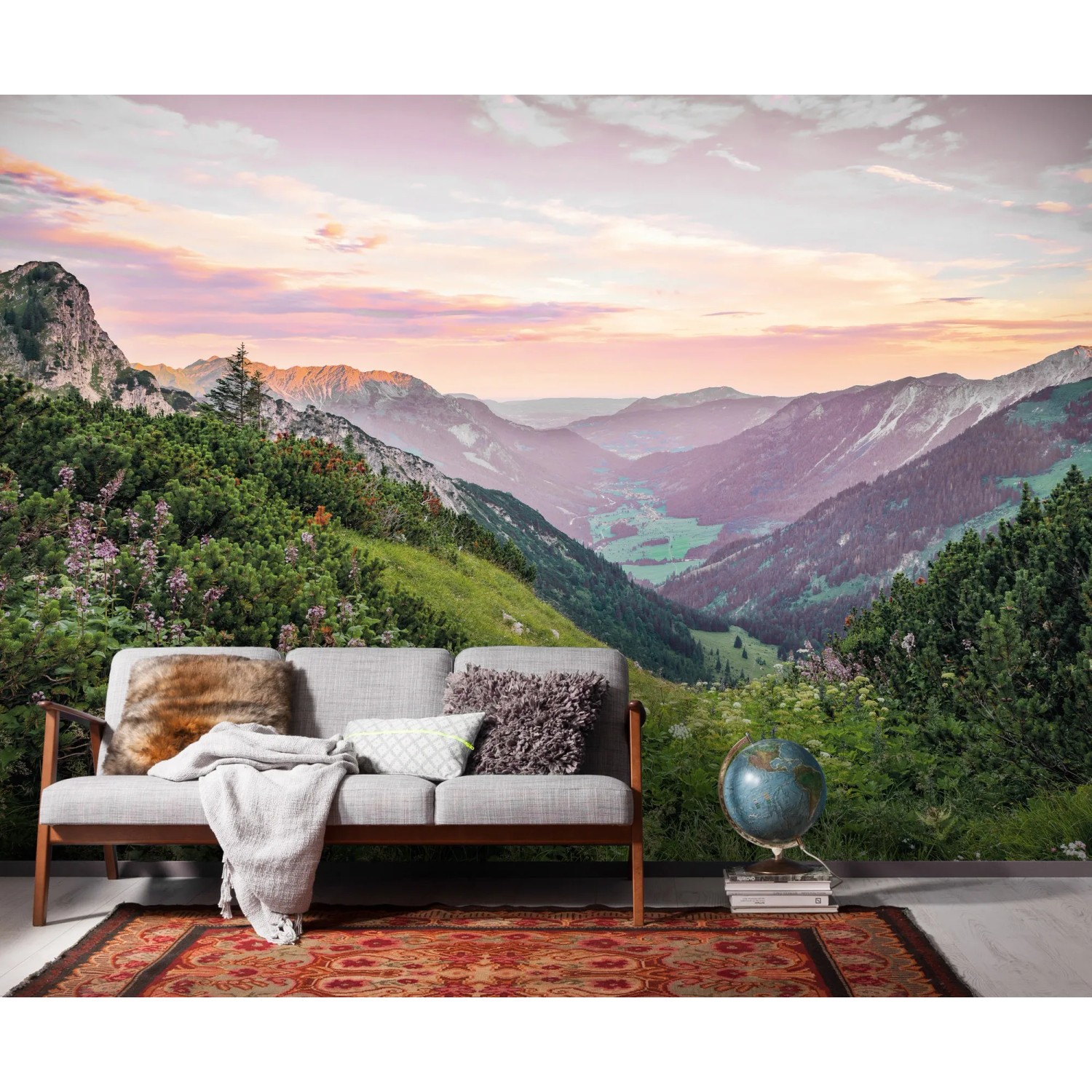 Komar Vlies Fototapete Alps, 400x250 cm, mit Berglandschaft bei Sonnenaufgang.