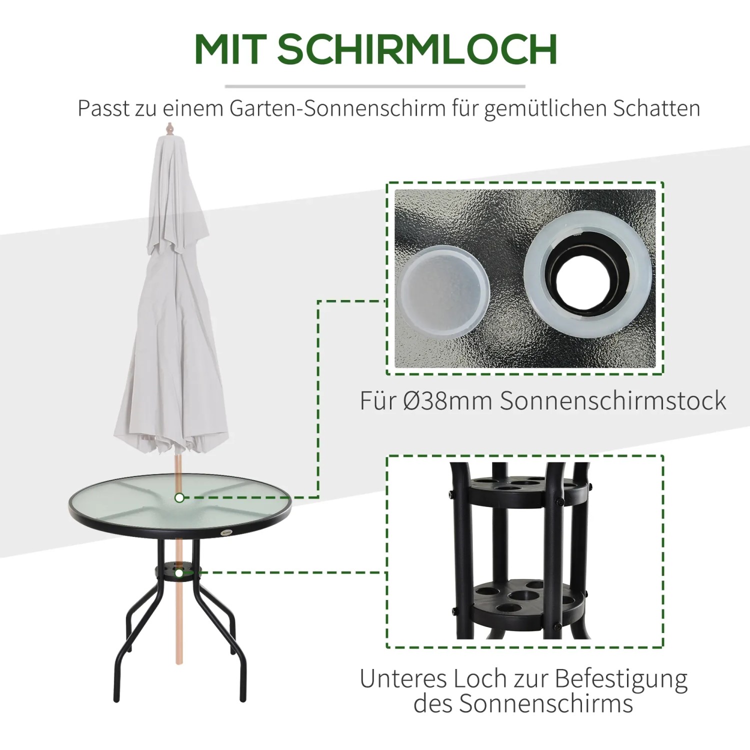 Outsunny Gartentisch rund mit Schirmloch und Glasplatte, ideal für Balkon und Terrasse.