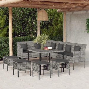 Graue 6-tlg. vidaXL Garten-Essgruppe aus Polyrattan mit L-Sofa, Tisch und Hockern mit Kissen.