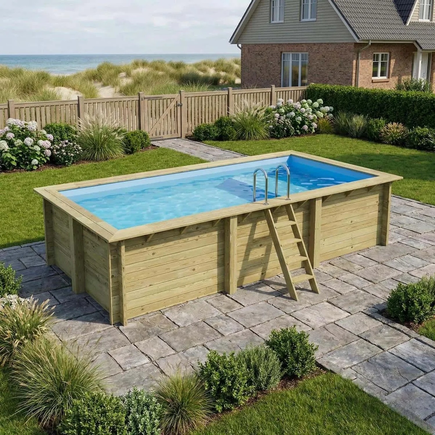 ALTANKA Holzpool Aqua 6,1x2,85 Höhe 1,31 m HELLBLAU mit Liegefläche mit am Beton Verschraubten Stützen BAS7307OSPL+PLA307_2