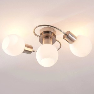 Moderne Lindby Deckenlampe Ciala mit 3 Glas-Leuchten in Alu für Wohnzimmer.