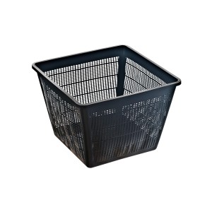 Quadratischer, schwarzer Heissner Pflanzkorb, 28x28 cm, für Teichbepflanzung.
