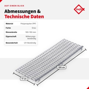 Grauer Inefa Laubfangstreifen aus Polypropylen, 100 cm lang, für Dachrinnen 100-150 mm. Witterungs- & UV-beständig.