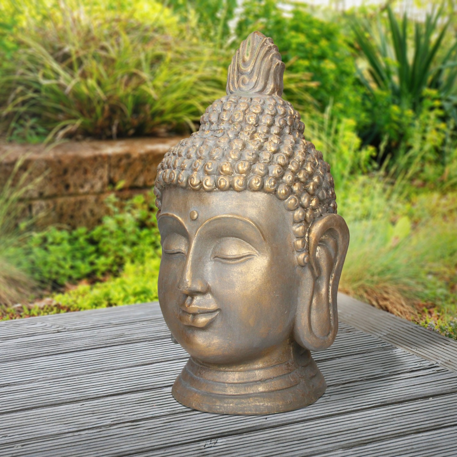Buddha Figur Kopf, 53cm, Bronzeoptik, Polyresin, für Garten & Deko.