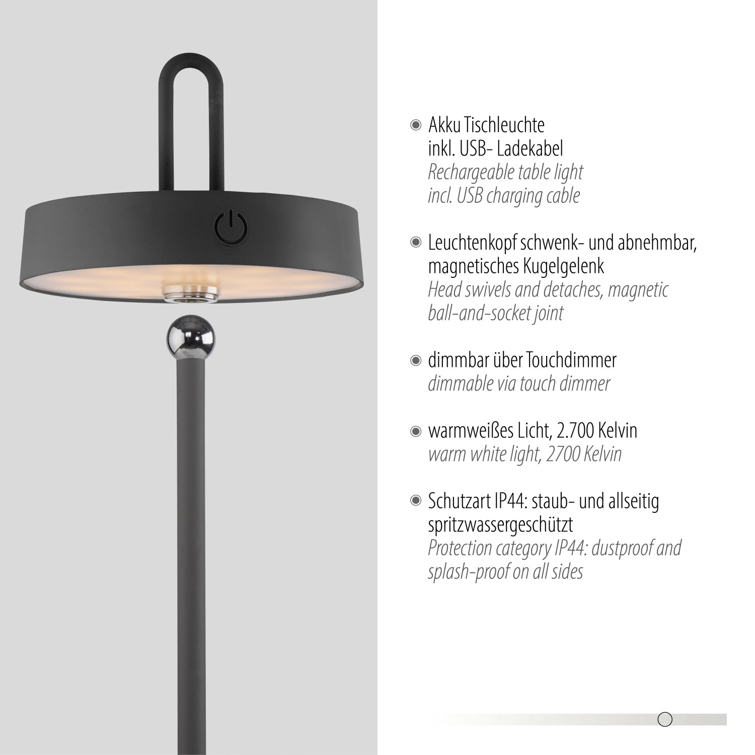 Schwarze LED-Akku-Tischleuchte Amag, dimmbar, für Innen & Außen. Dekoleuchte mit USB-Ladekabel.