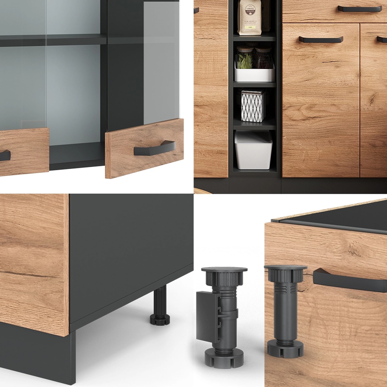 Vicco Singleküche 160cm in Goldkraft Eiche/Anthrazit mit Details und verstellbaren Füßen.