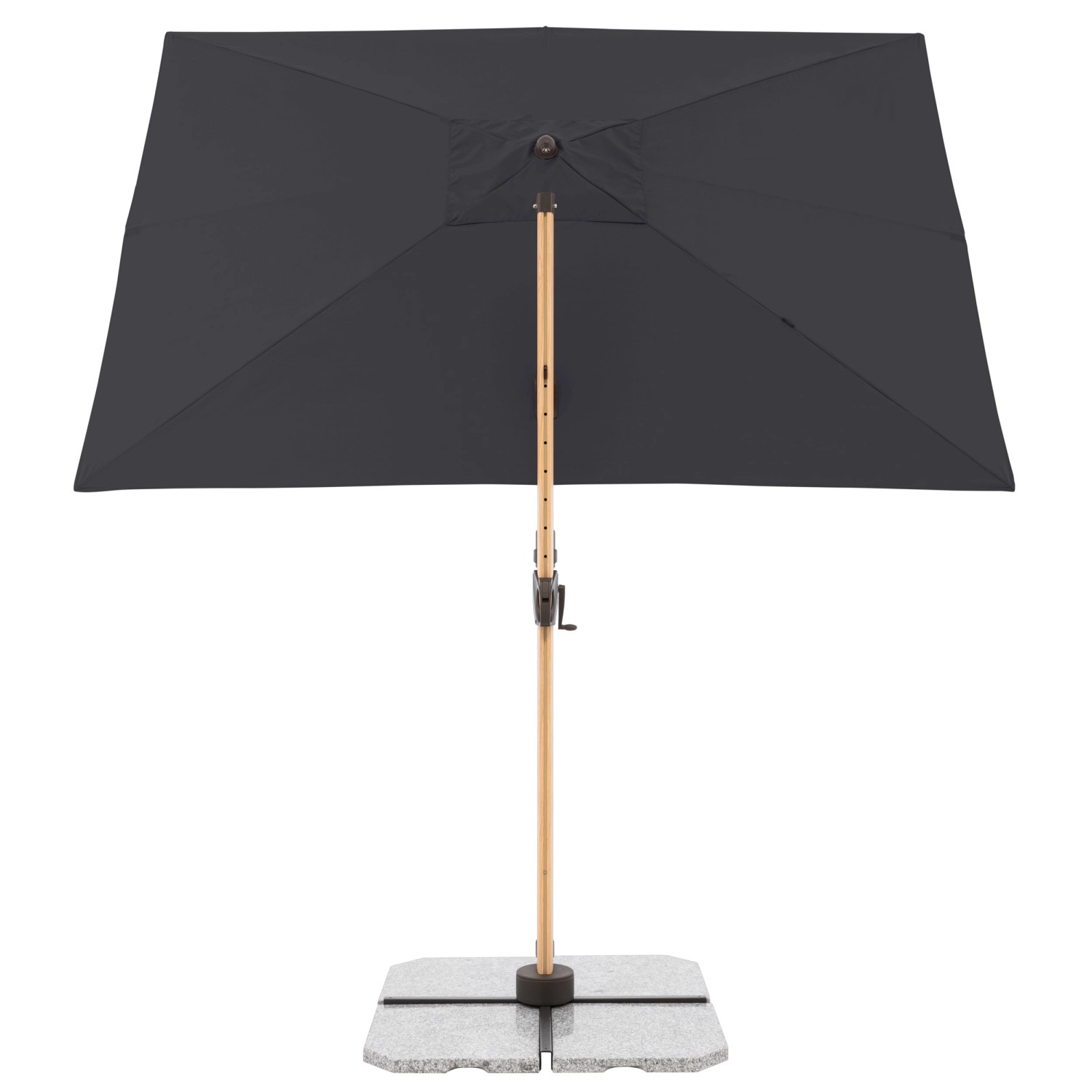 Anthrazitfarbener Pendelschirm ALU WOOD AX Ultra, 220x300 cm, mit hellem Eschenholz-Look und Schirmständer.