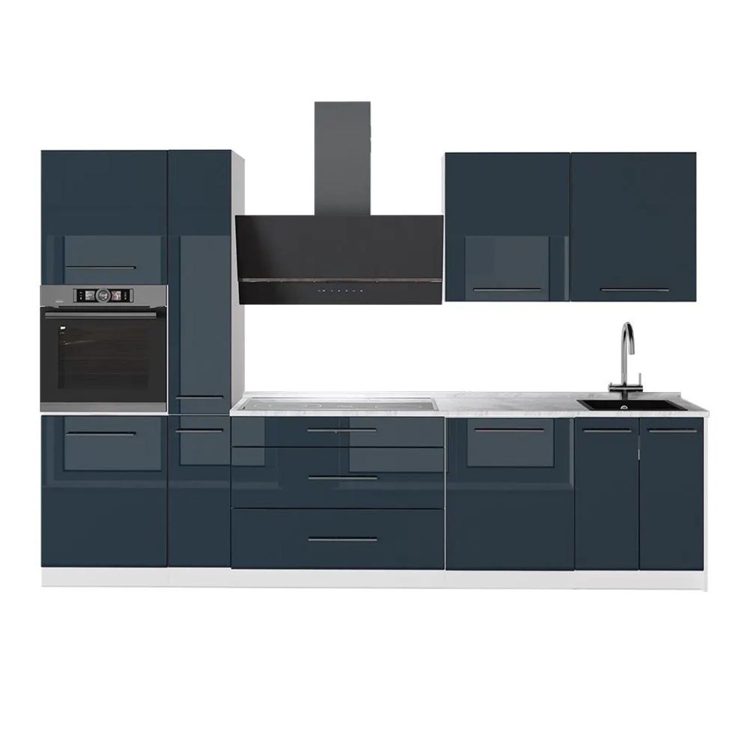 Vicco Küchenzeile Fame-Line Dunkelblau Hochglanz/Weiß 310 x 207 AP Marmor Art Nr 64335