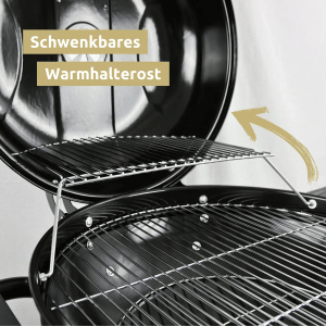 Detailaufnahme Kugelgrill: Warmhalterost und Grillrost des deluxe4home BBQ Holzkohlegrills.