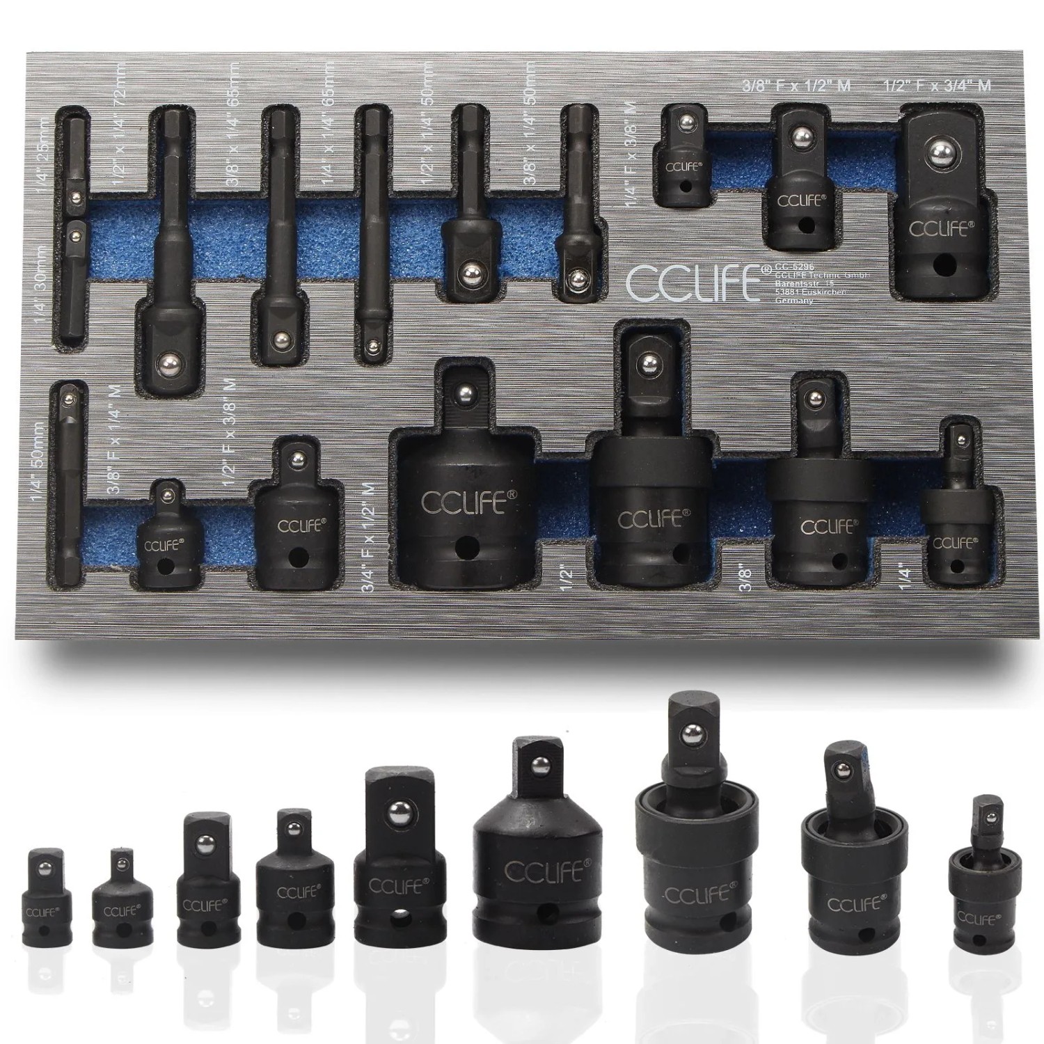 CCLIFE 17tlg Stecknuss Adapter für Schlagschrauber 1/4'' 3/8'' 1/2'' 3/4'' Bit Nuss Kardangelenk Cr-Mo