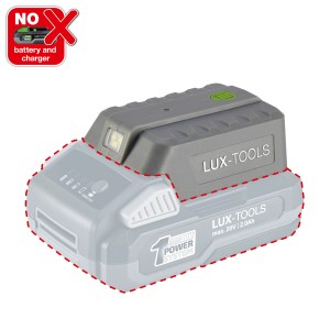 LUX USB-Akkuadapter 20 V mit LED-Taschenlampe (ohne Akku). Zum Laden von Mobilgeräten.