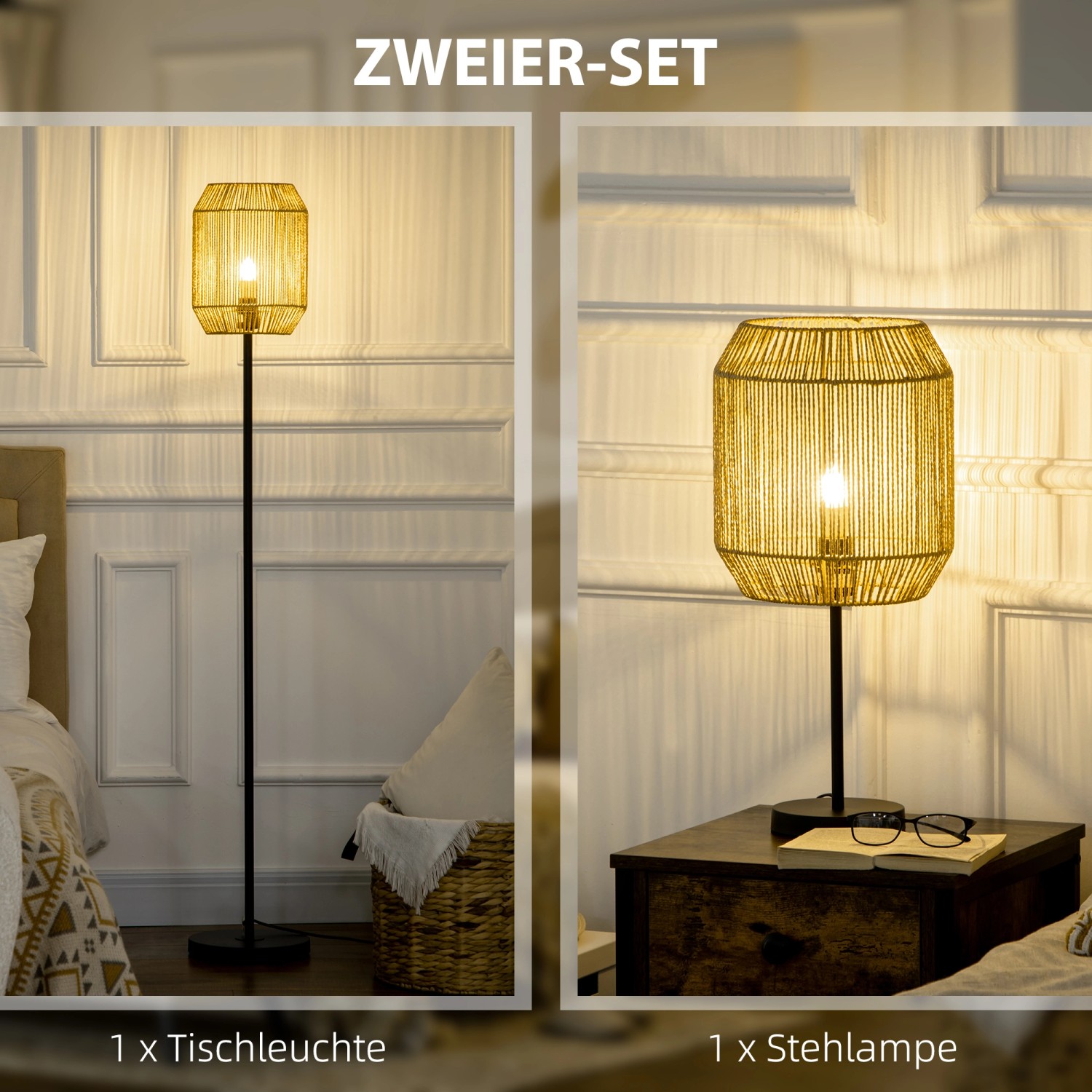 HOMCOM 2er Lampenset: Stehlampe und Tischleuchte mit E27 Sockel, Natur.