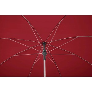 Suncomfort Marktschirm, rot mit weinrot, von unten: Schirmdach, Streben und Mast.