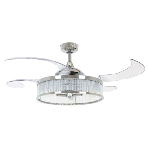 Chrom Deckenventilator Fanaway Corbelle mit transparenten Flügeln und Beleuchtung.
