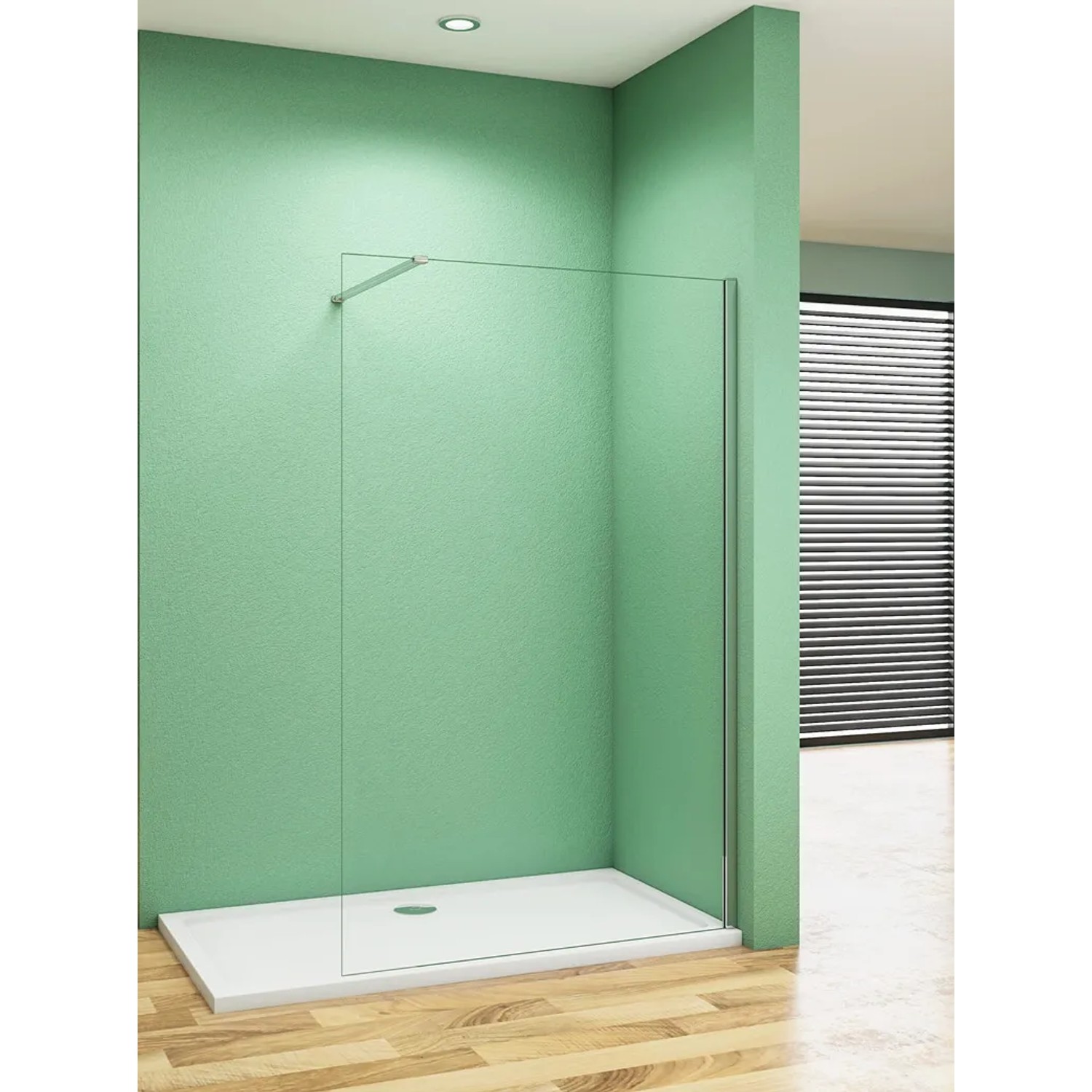 Walk-In Dusche 100x200cm mit chromfarbener Stabilisierungsstange und Nano-Glas Duschwand.