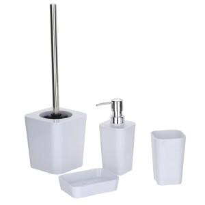 Wenko Bad-Set Candy White: WC-Garnitur, Seifenspender, Seifenschale und Zahnputzbecher aus weißem Kunststoff.