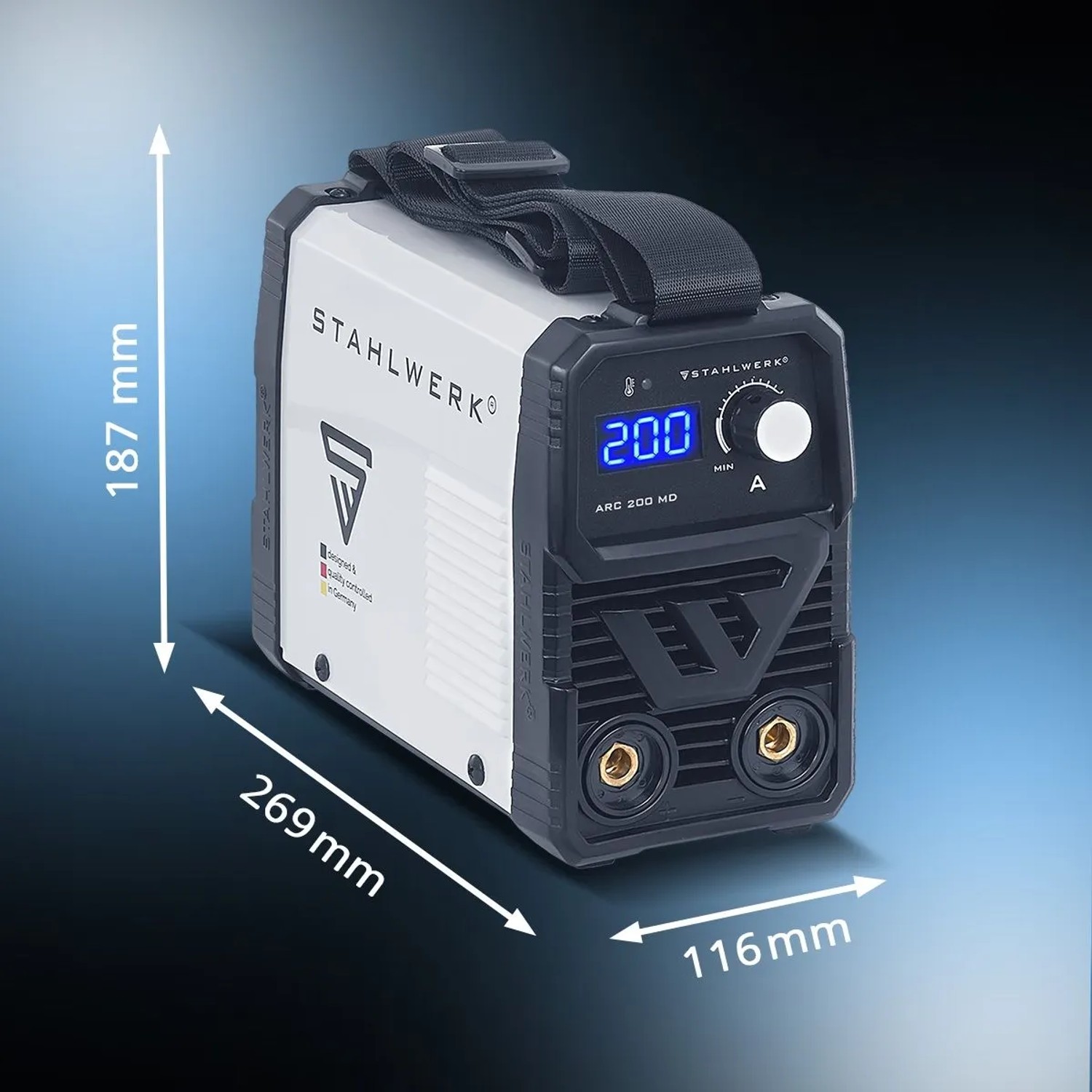 STAHLWERK ARC 200 MD Schweißgerät mit Maßen. Kompaktes Inverter Schweißgerät für Elektroden.