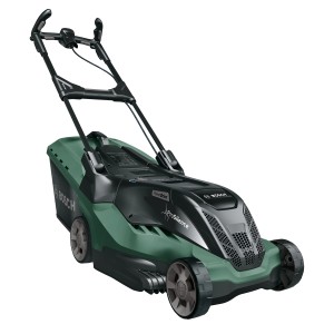 Bosch AdvancedRotak 690 Elektro-Rasenmäher mit Fangbox und Mulchkit.