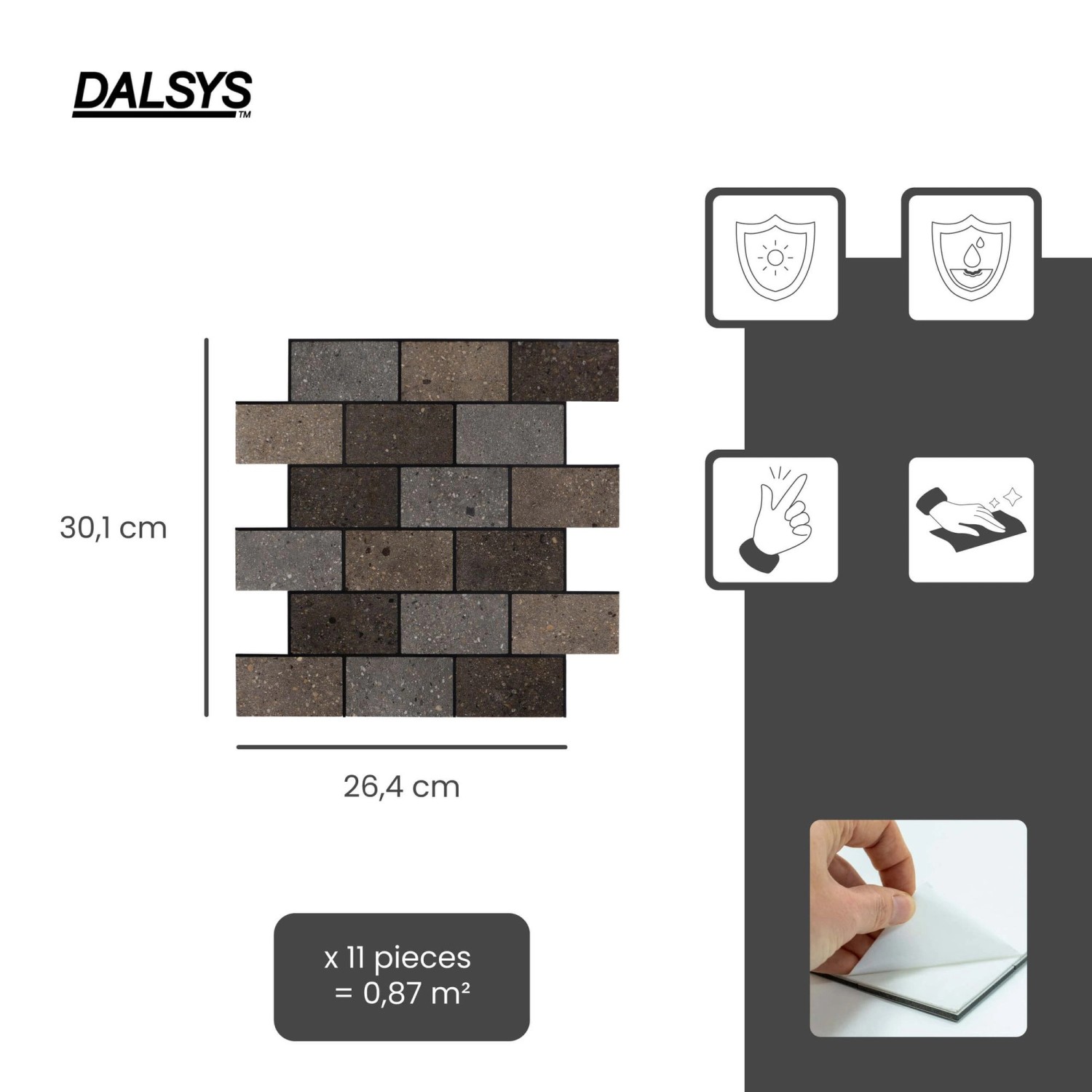 Dalsys Selbstklebende Fliesen 0,87m² 11 Stück Steinoptik Natur Dunkelbraun Grau_2