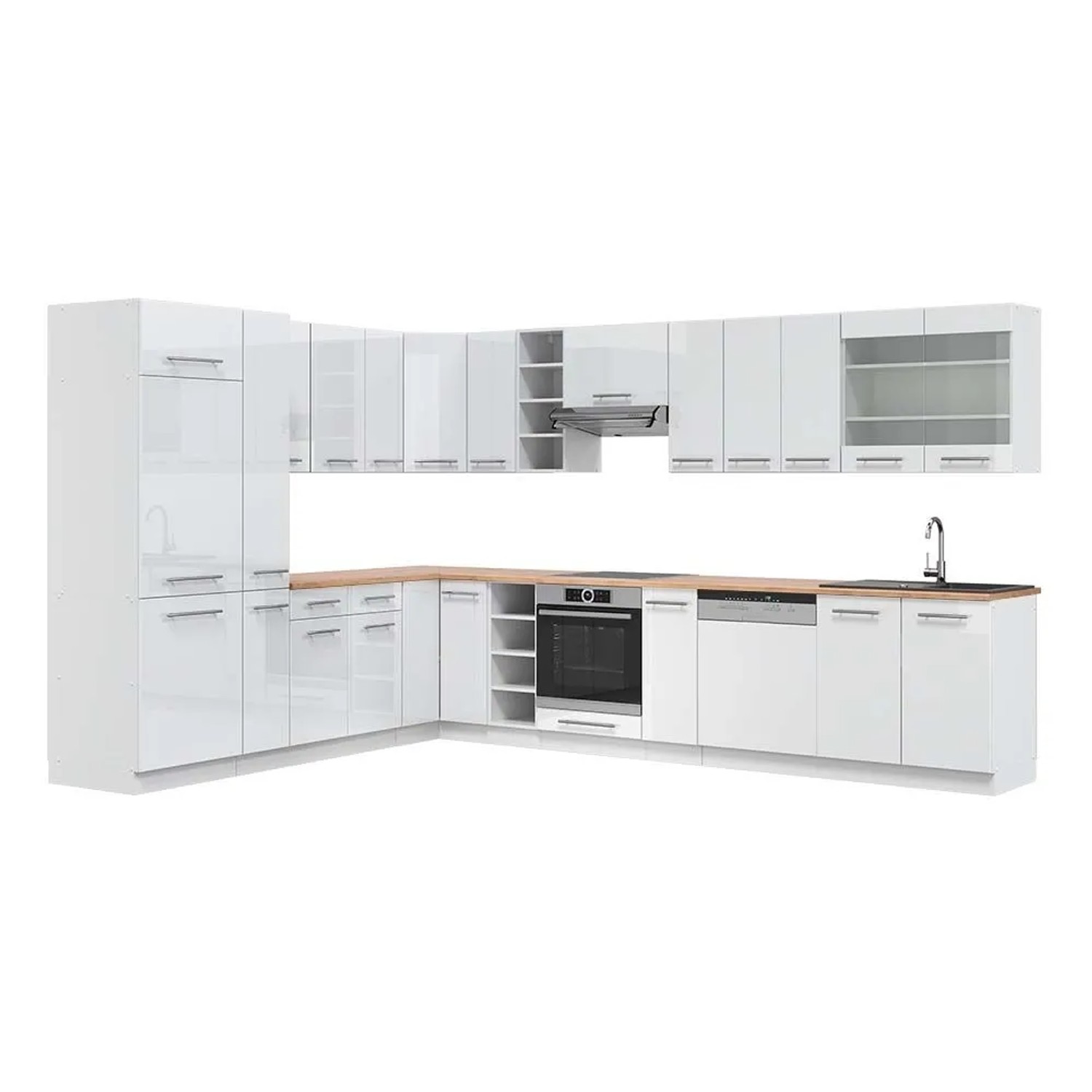 Vicco Eckküche Fame-Line Weiß Hochglanz/Weiß 347 x 82, AP Eiche