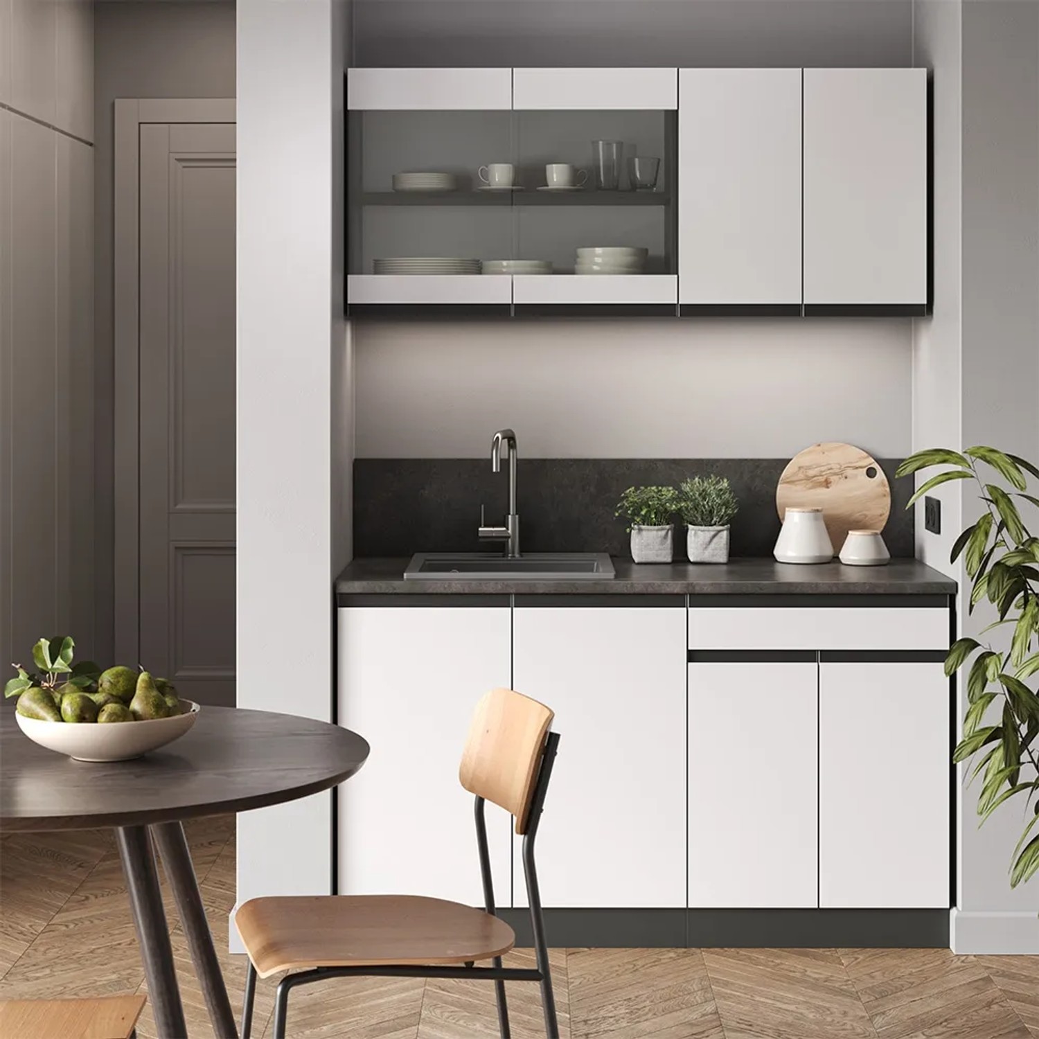 Vicco R-Line Singleküche, 140 cm, Weiß/Anthrazit mit Eiche Arbeitsplatte.