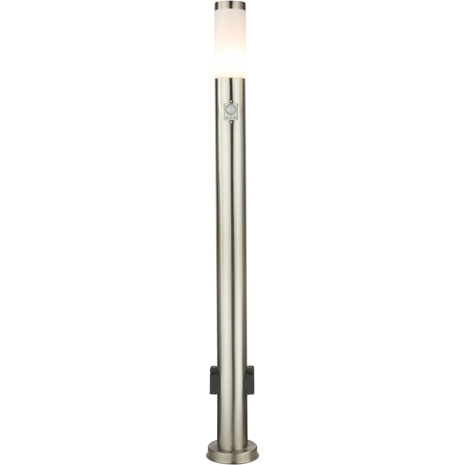 Globo LED-Wegeleuchte Boston I mit Steckdosen und Bewegungssensor aus Edelstahl.