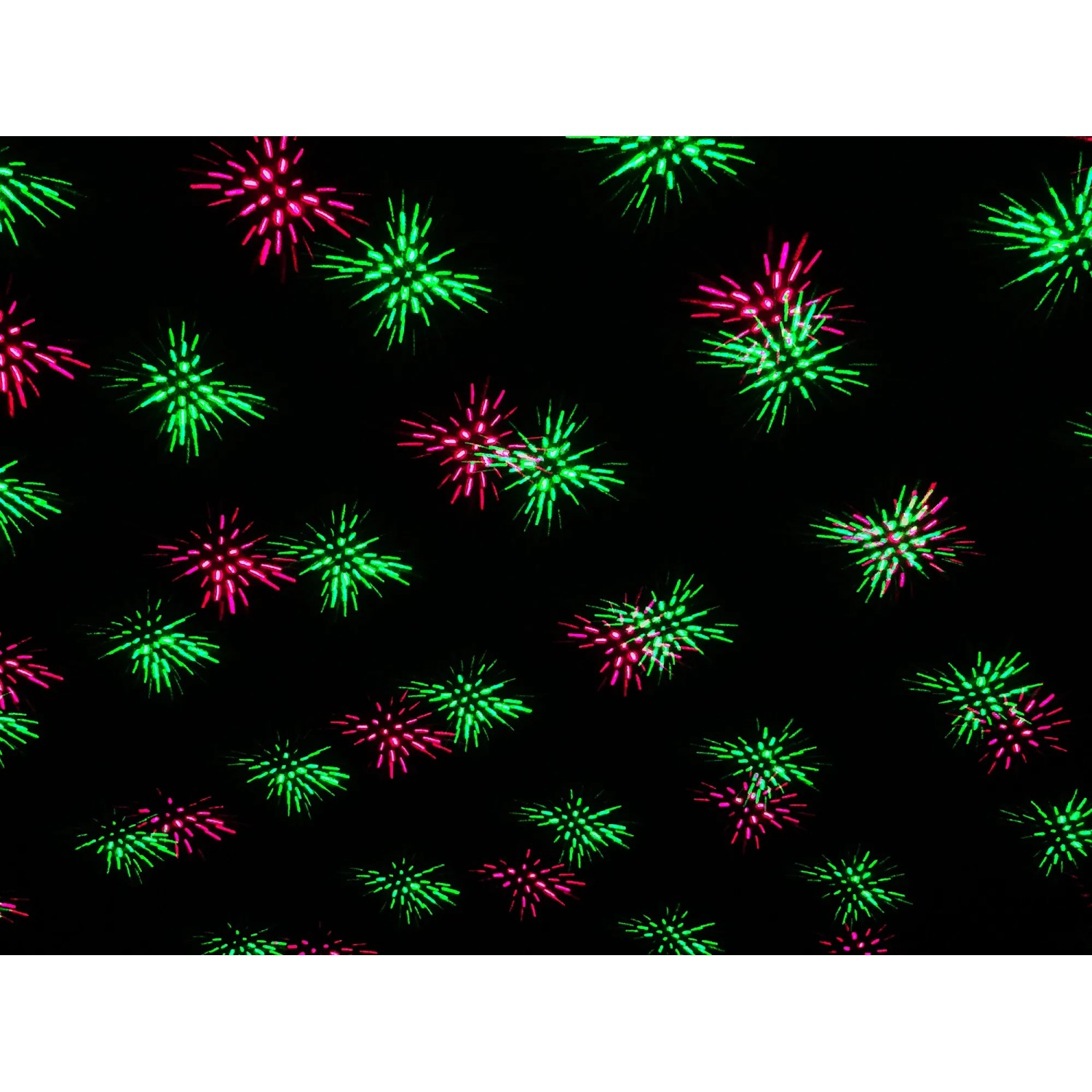 Näve LED Außenwandlaser Projektor projiziert rot-grüne Punkte auf schwarzem Hintergrund.
