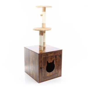 Vintagebrauner Kratzbaum aus Holz mit integriertem Katzenhaus, Katzenkopf-Eingang, Sisal-Kratzstämmen und beigen Plattformen.