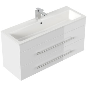 Posseik Badmöbel Portus 1000 SlimLine, weiß hochglanz, mit Waschbecken und zwei Schubladen.