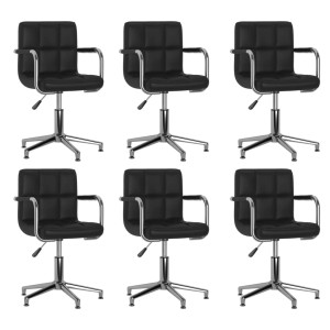 6er Set drehbare Esszimmerstühle in Schwarz mit Kunstlederbezug und verchromtem Stahlgestell.