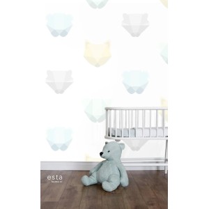 ESTAhome Fototapete Tierköpfe in Mintgrün, Blau und Grau im Kinderzimmer mit Bär und Babybett.